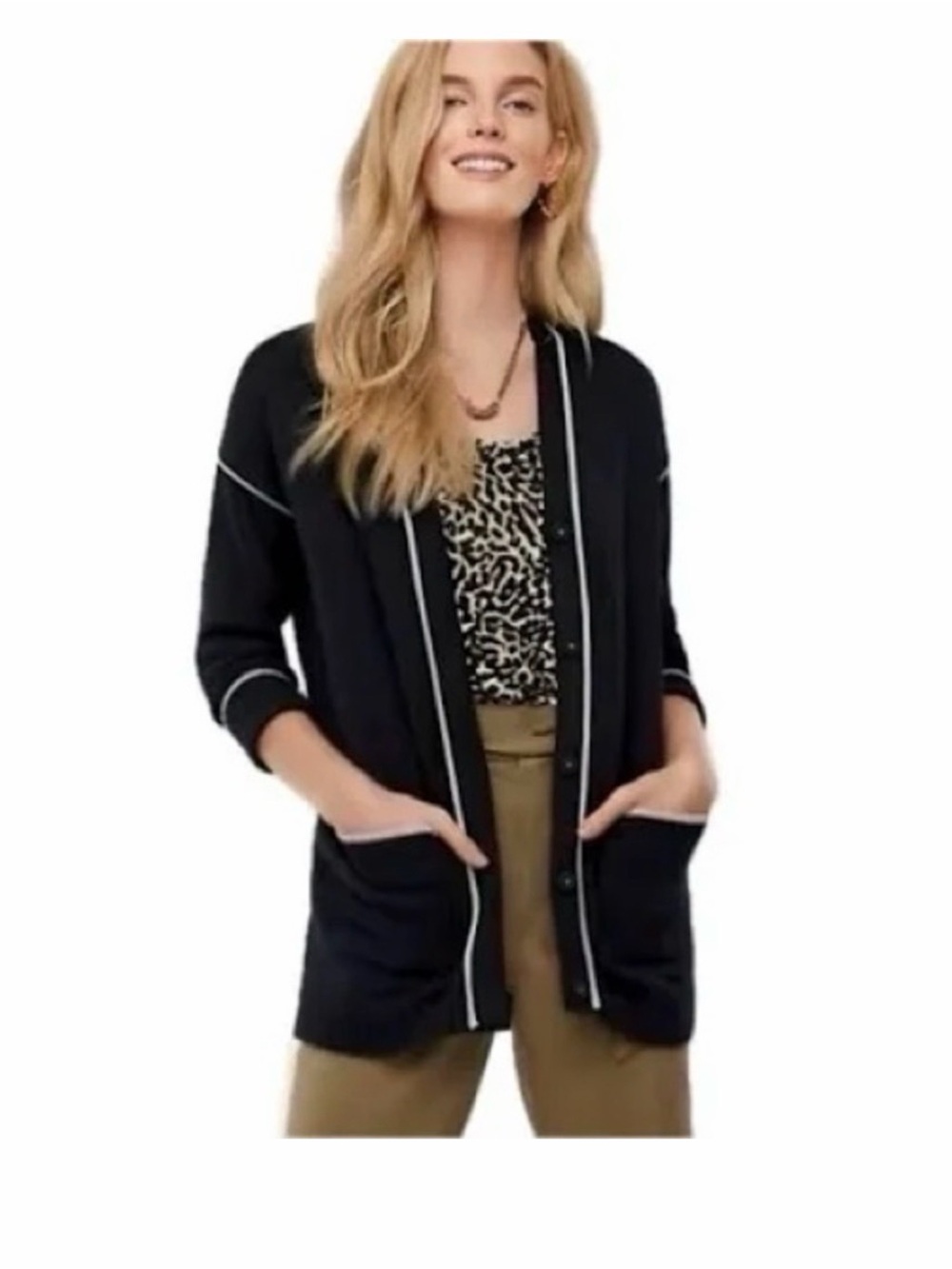 Cabi 5633 Comfort Vneck Cardigan Sweater Black White Trim Piping Medium Academia